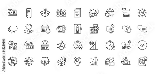 Equality, Car charge and Contactless payment line icons pack. AI, Question and Answer, Map pin icons. Teamwork, Scroll down, Timer web icon. Refrigerator, Elevator, Faq pictogram. Vector