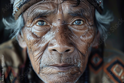 An elder man with a serene expression, wearing traditional clothing and headgear