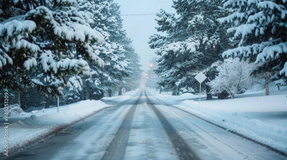 Pine trees encircle a street covered in snow Pine trees encircle a street covered in snow