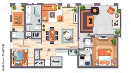 Plan floor apartments set. Studio, condominium, flat, house. One, two bedroom apartment. Interior design elements bedroom, bathroom with symbols furniture. Vector architecture 2D floor plan photo