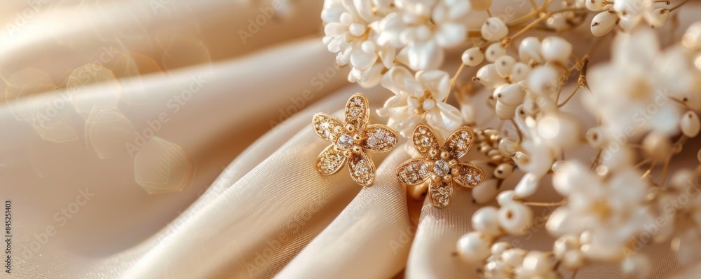 A pair of elegant beige cloth earrings displayed against a neutral background, with ample space for text or design elements A pair of elegant beige cloth earrings displayed against a neutral background, with ample space for text or design elements