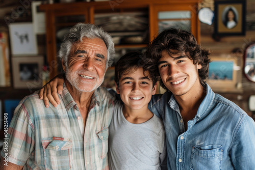 Portrait of a grandfather, father, and son smiling together on Father's Day