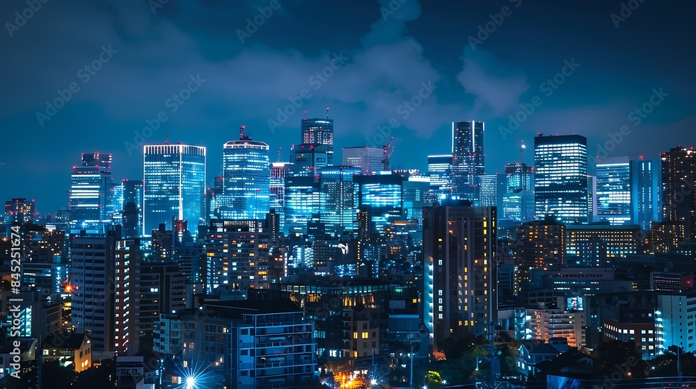 A panoramic view of a corporate skyline at night, with buildings lit up like beacons against the dark sky.