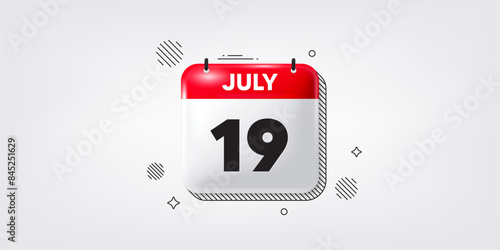 Calendar date of July 3d icon. 19th day of the month icon. Event schedule date. Meeting appointment time. 19th day of July. Calendar month date banner. Day or Monthly page. Vector