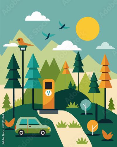 Surrounded by lush trees and chirping birds a charging station powered by the sun provides a convenient stop for hikers with electric cars.. Vector illustration