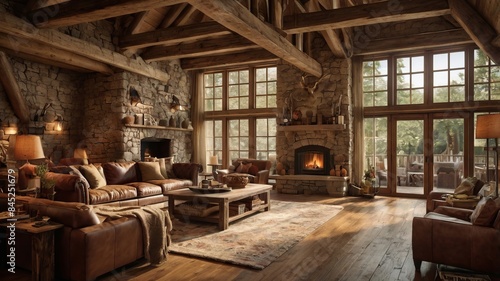 Wallpaper Mural Rustic design interior wooden beams, stone walls, with comfortable leather furniture, a large stone fireplace, wooden flooring, seating with wool blankets, throw pillows, antlers and vintage lanterns Torontodigital.ca