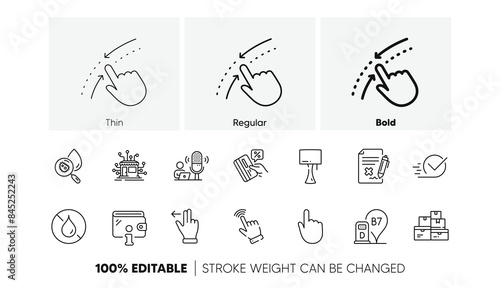 No waterproof, Diesel station and Reject file line icons. Pack of Checkbox, Distribution, Table lamp icon. Wholesale goods, Podcast, Swipe up pictogram. Touchscreen gesture, Wallet. Line icons. Vector