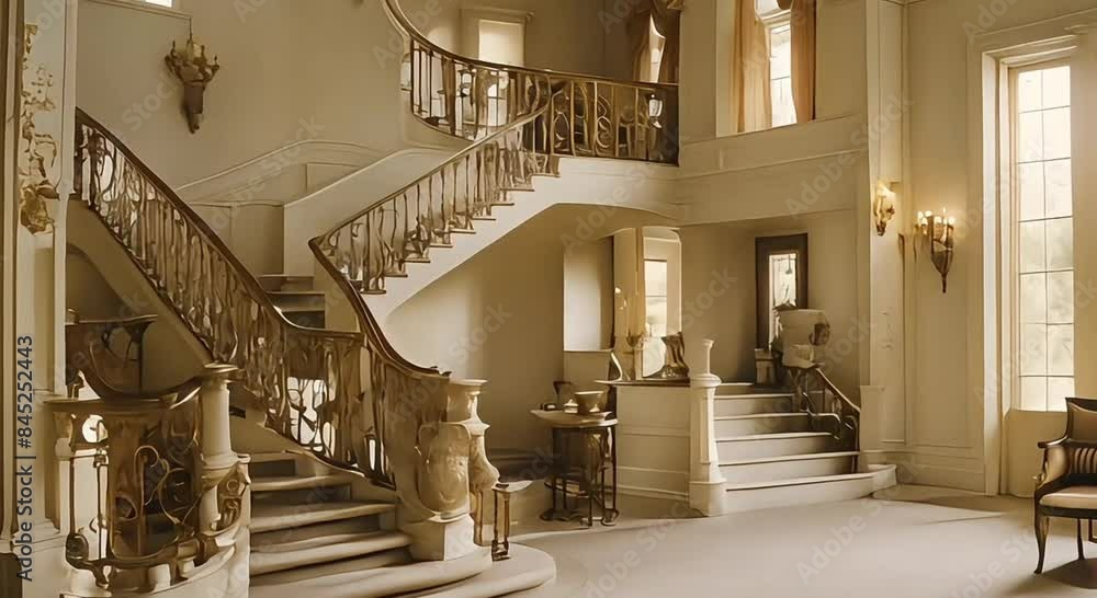 The interior of the house is calm and the stairs go up The interior of the house is calm and the stairs go up