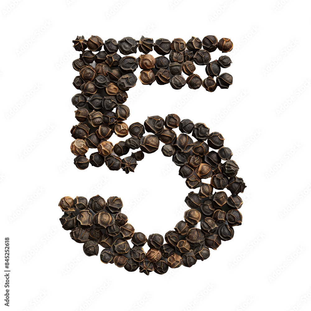 Number 5 made of black pepper Isolated on Transparent or White Background, PNG Number 5 made of black pepper Isolated on Transparent or White Background, PNG