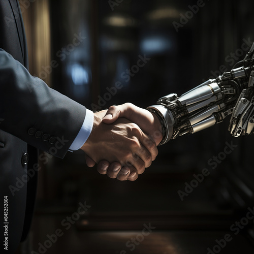 Human handshakes with robotic arm in a moment of technological partnership. A human and robotic arm shake hands, representing the collaborative future of artificial intelligence and human interaction