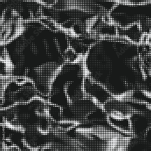 Digital dot half tone black smoke camouflage texture, seamless waves pattern. Urban military clothing style, masking dotty smoke camo repeat print. Vector background