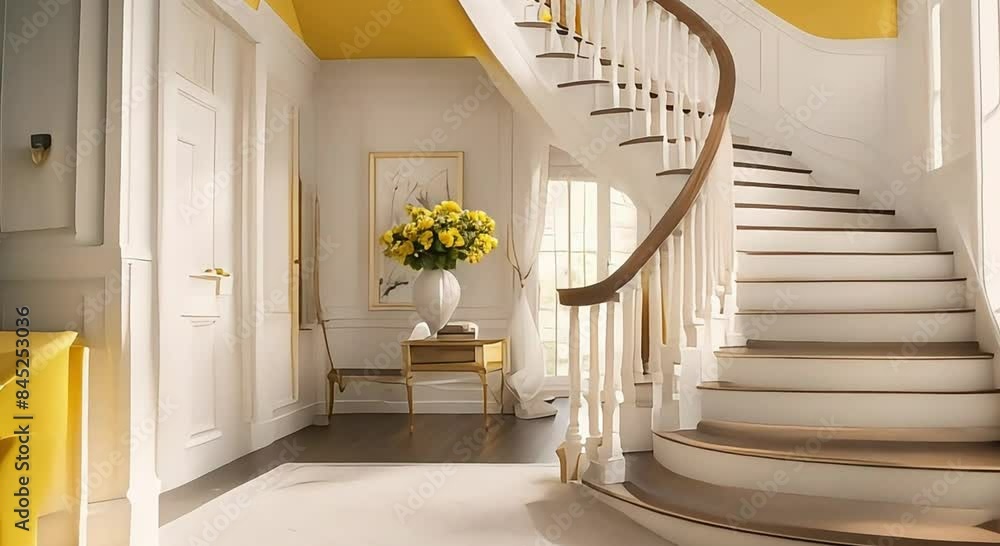 The interior of the house is calm and the stairs go up The interior of the house is calm and the stairs go up