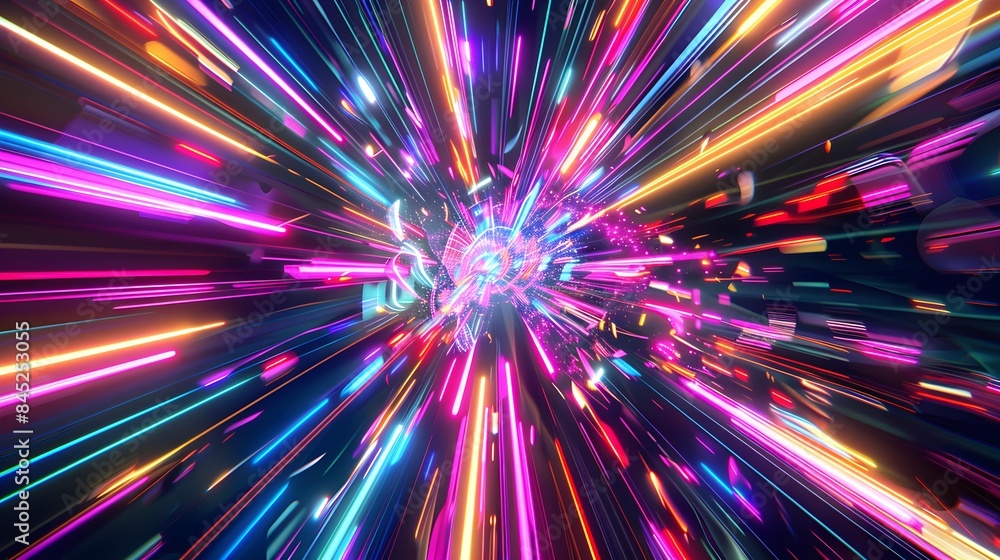 Neon lines converging in a psychedelic explosion of color 3d style isolated flying objects memphis style 3d render Neon lines converging in a psychedelic explosion of color 3d style isolated flying objects memphis style 3d render