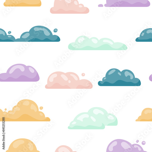 Cumulus cloud cartoon. Seamless pattern. Sky air symbol. Vector drawing. Design ornaments.