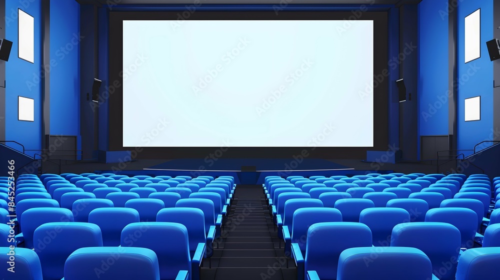 Fototapeta premium Movie cinema hall interior with rows of blue seats and white blank mockup screen.