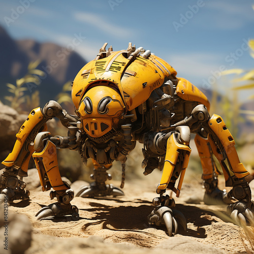A yellow ai-powered hexapod robot explores a desolate landscape. A yellow robotic spider with six legs, designed to emulate human intelligence, explores a dry, rocky terrain