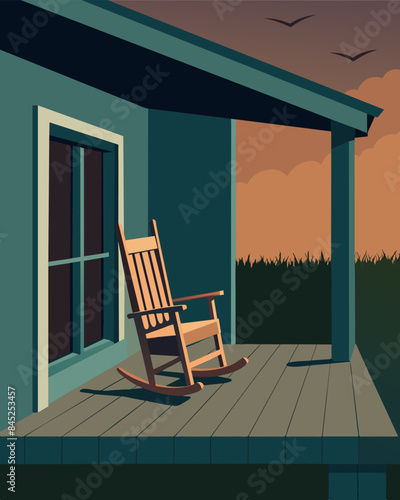 The empty rocking chair on the porch of a small house indicating the absence of the elderly resident who had to move in with their children due to pension s making it impossible to. Vector