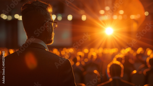 full body angle of a male business owner facing in front, conference blurry background, detailed character design, 8k, realistic, octane render, cinematic