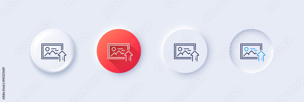 Upload photo line icon. Neumorphic, Red gradient, 3d pin buttons. Image thumbnail sign. Picture placeholder symbol. Line icons. Neumorphic buttons with outline signs. Vector Upload photo line icon. Neumorphic, Red gradient, 3d pin buttons. Image thumbnail sign. Picture placeholder symbol. Line icons. Neumorphic buttons with outline signs. Vector