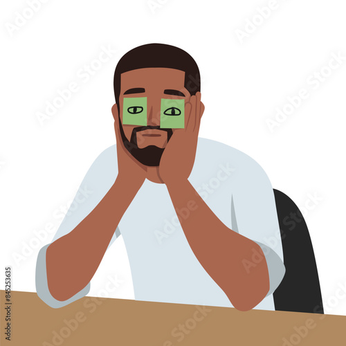 Young bearded businessman working late in an office with adhesive notes covering his eyes. Flat vector illustration isolated on white background