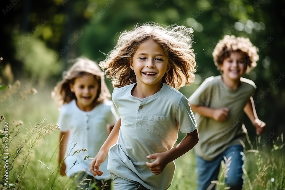 Happy kids playing outside and having fun together in summertime