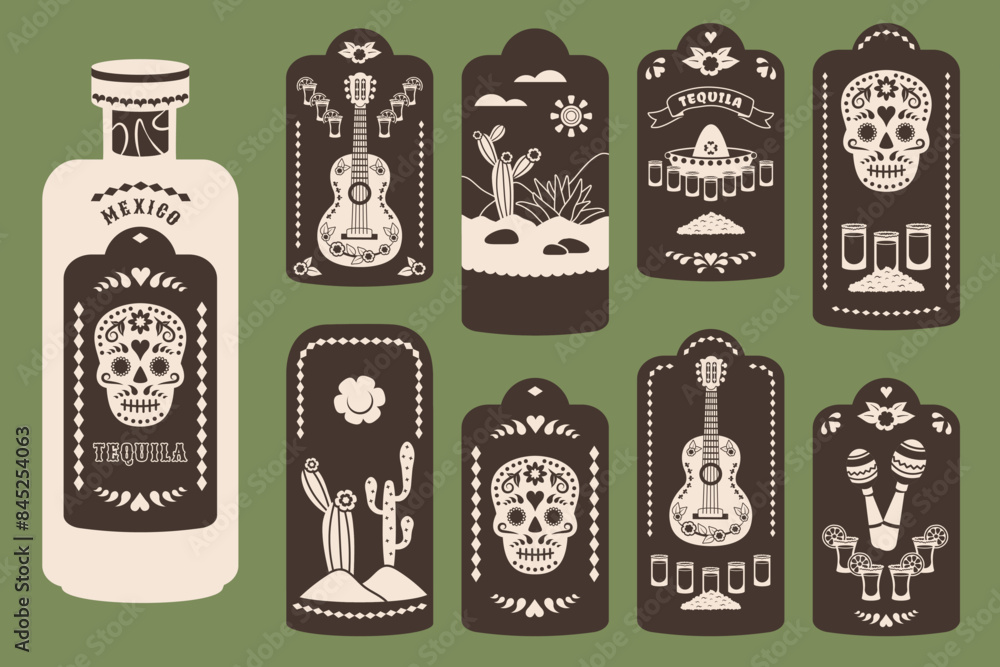 Tequila stickers set. Vintage labels with Mexican national elements and ...