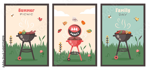 Summer picnic. Barbecue party. Set of BBQ card in retro style. Summer barbecue picnic. Bbq background with grill, steaks, meat food, vegetables, cutlery, text. Vector cartoon illustration
