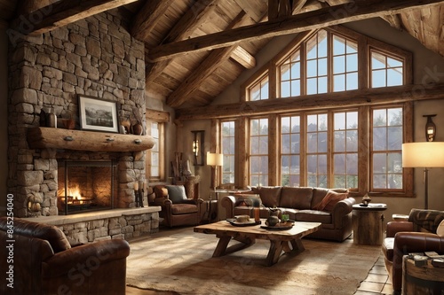 Wallpaper Mural Rustic design interior wooden beams, stone walls, with comfortable leather furniture, a large stone fireplace, wooden flooring, seating with wool blankets, throw pillows, antlers and vintage lanterns Torontodigital.ca