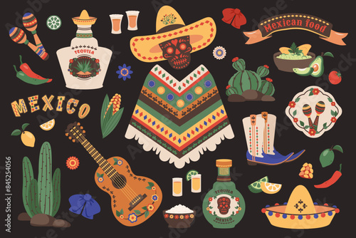 Different cartoon elements of mexican culture. Mexican food, hat, skull, guitar, kitchen. Set of hand drawn doodle stickers. Symbols for decorations party, carnival, holiday. Vector illustration