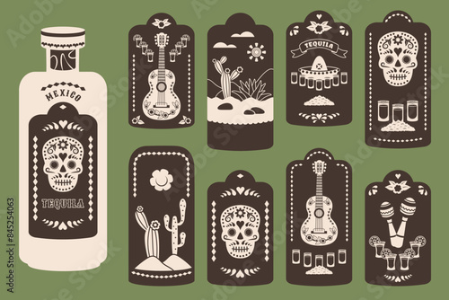 Tequila stickers set. Vintage labels with Mexican national elements and bottle template. Tequila shots. Maracas, guitar, skull, glasses, hat. Vector illustration for restaurant, menu, advertising, bar