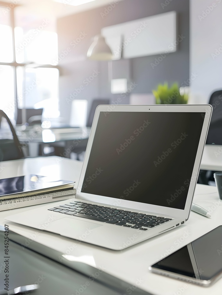 Fototapeta premium Modern white office working space with notebook laptop computer mockup