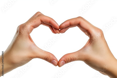 Woman hand shows heart shape isolated on white background, with clipping path.  Five fingers. Full Depth of field. Focus stacking. PNG, Generative AI photo