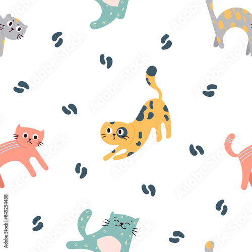 Cute funny cat. Seamless pattern. Kitten character cartoon. Vector drawing. Design ornaments.