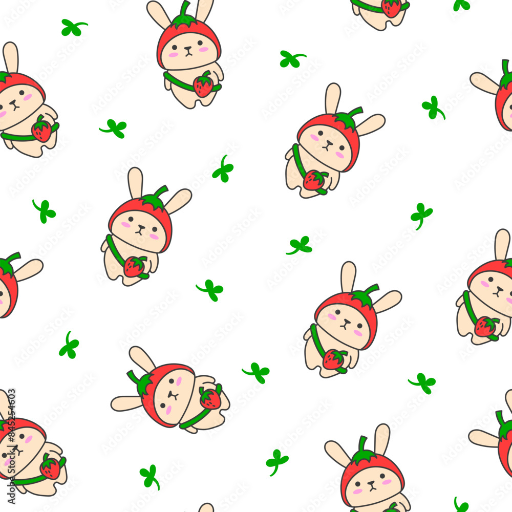 Fototapeta premium Cute kawaii rabbit with bag. Seamless pattern. Cartoon animals character. Funny bunny. Hand drawn style. Vector drawing. Design ornaments.