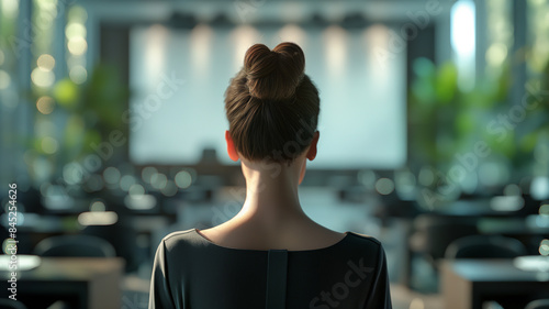 Female business owner facing from back, freelancer conference blurry background, 8k, realistic, octane render, businesswoman background