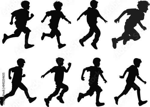 Set of black Running kid child silhouettes icons in trendy fill styles. jogging signs large pack of vectors silhouette designs collection illustration isolated on transparent background.