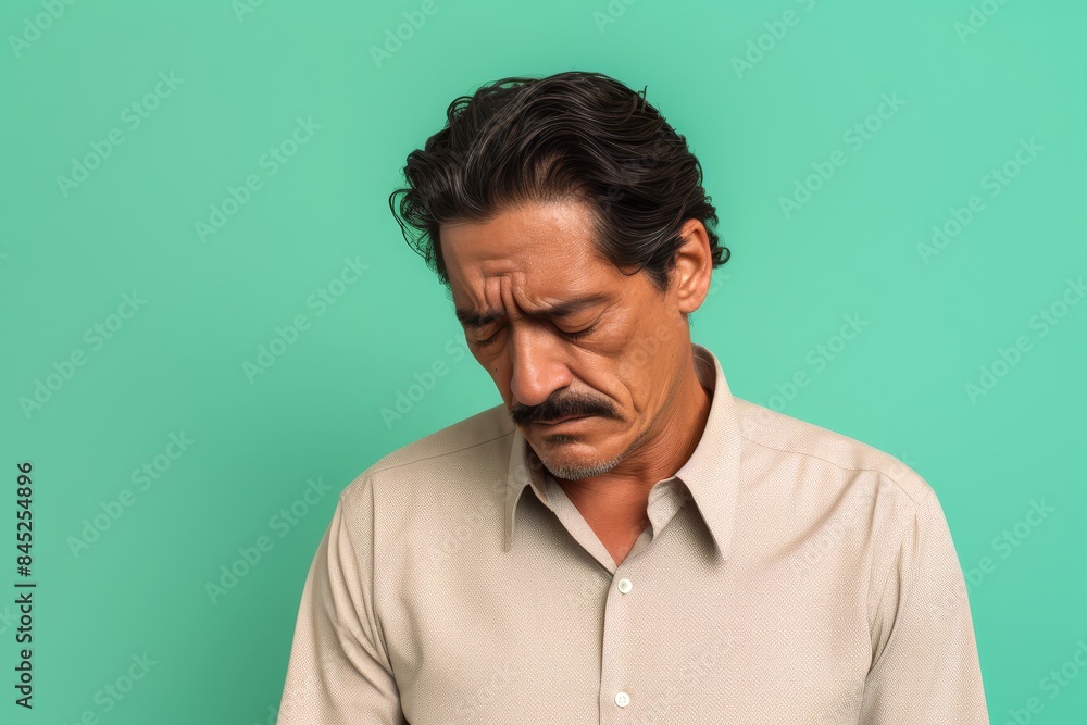A sad man, 55, Hispanic, facing health challenges, on a pastel light green background A sad man, 55, Hispanic, facing health challenges, on a pastel light green background