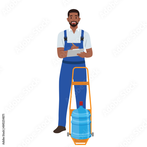 Water delivery service. Delivery cart with gallon. Water cooler rental, supply and shipping service. Flat vector illustration isolated on white background