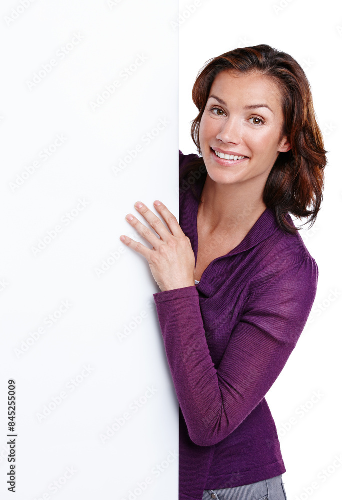 Happy, billboard and portrait of woman in studio for promotion, branding and mockup space. Blank poster, female person and pride for review, choice and sale or news by white background with smile Happy, billboard and portrait of woman in studio for promotion, branding and mockup space. Blank poster, female person and pride for review, choice and sale or news by white background with smile