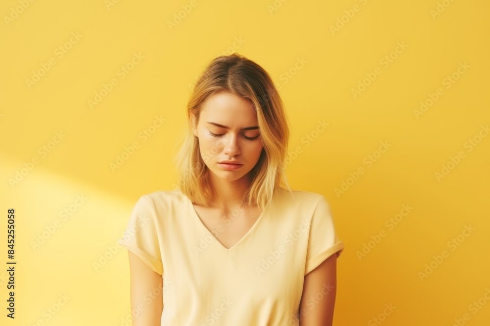 A sad woman, 25, Caucasian, grieving a breakup, on a pastel yellow background A sad woman, 25, Caucasian, grieving a breakup, on a pastel yellow background