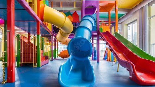 Modern indoor children s playground Colorfull indoor slide kindergarten area. with copy space image. Place for adding text or design 