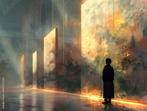 a person standing in a room with sunlight streaming in through large windows, illuminating a painting on the wall.