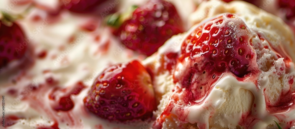 Melted strawberry and vanilla ice cream close-up with a textured background. Melted strawberry and vanilla ice cream close-up with a textured background.