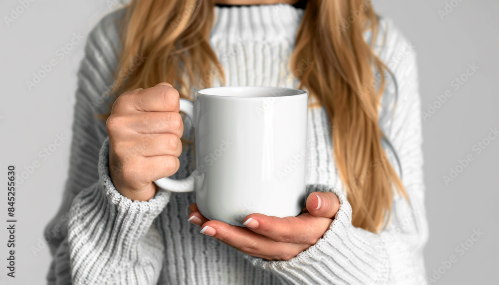 blonde woman in a white winter sweater holding a white cup blonde woman in a white winter sweater holding a white cup