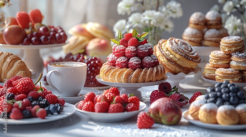 a detailed shot of an indulgent breakfast spread on a white table, featuring freshly baked pastries, an assortment of colorful fruits, and a steaming cup of coffee, the scene captured in 32k a detailed shot of an indulgent breakfast spread on a white table, featuring freshly baked pastries, an assortment of colorful fruits, and a steaming cup of coffee, the scene captured in 32k