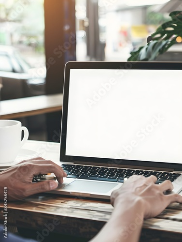 mockup image blank screen computer with white background for advertising text,hand woman using laptop contact business search information on desk at coffee shop.marketing and creative design