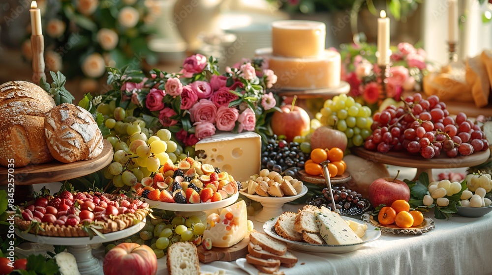 a high-resolution image of a lavish brunch table on a white tablecloth, featuring a variety of artisanal breads, cheeses, fresh fruits, and pastries, the scene captured in 32k Super-Resolution, with