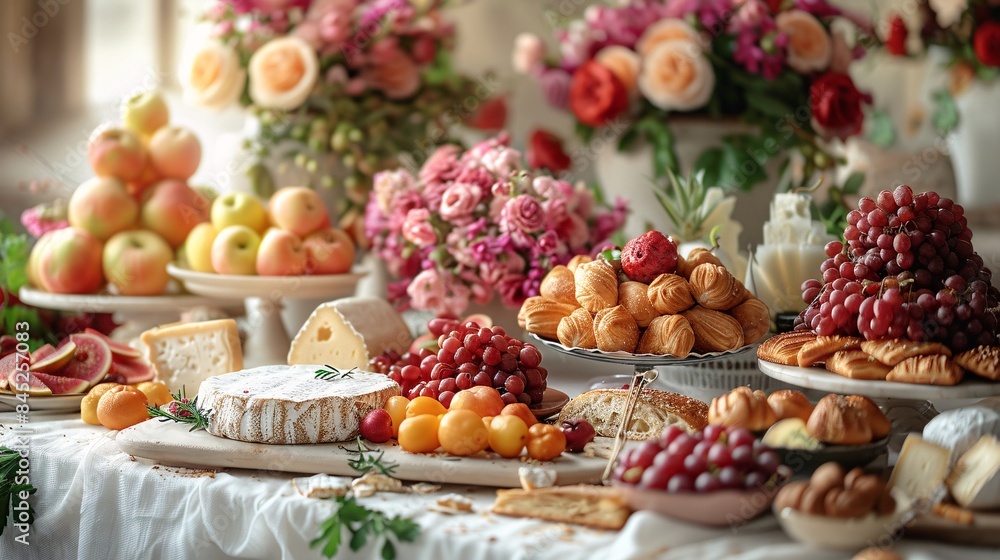 a high-resolution image of a lavish brunch table on a white tablecloth, featuring a variety of artisanal breads, cheeses, fresh fruits, and pastries, the scene captured in 32k Super-Resolution, with a high-resolution image of a lavish brunch table on a white tablecloth, featuring a variety of artisanal breads, cheeses, fresh fruits, and pastries, the scene captured in 32k Super-Resolution, with
