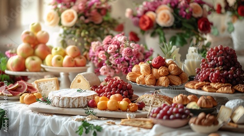 a high-resolution image of a lavish brunch table on a white tablecloth, featuring a variety of artisanal breads, cheeses, fresh fruits, and pastries, the scene captured in 32k Super-Resolution, with