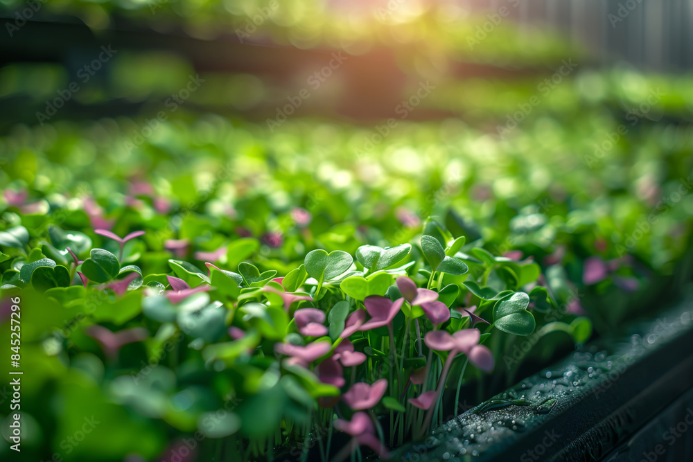 Rows of fresh green microgreens growing under LED lights in an indoor hydroponic farm, showcasing modern agricultural practices. Sustainable agriculture and organic food concept Rows of fresh green microgreens growing under LED lights in an indoor hydroponic farm, showcasing modern agricultural practices. Sustainable agriculture and organic food concept